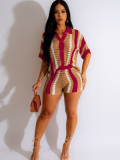Wine Red Hollow See-Through Contrasting Lapel Knitted Shorts Two-Piece Set
