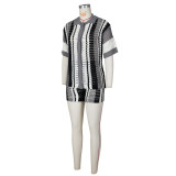 Grey Hollow See-Through Contrasting Lapel Knitted Shorts Two-Piece Set