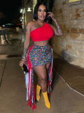 Red Sexy Tassel Hip-hugging Skirt Slanted One-shoulder Vest Two-piece Set