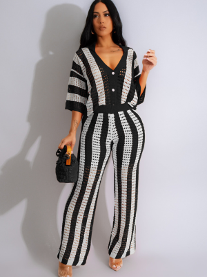 Black V-Neck Hollow Striped Lapel Knitted Wide Pants Two-Piece Set