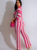 Rose Red V-Neck Hollow Striped Lapel Knitted Wide Pants Two-Piece Set