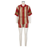 Wine Red Hollow See-Through Contrasting Lapel Knitted Shorts Two-Piece Set