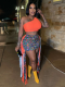 Orange Sexy Tassel Hip-hugging Skirt Slanted One-shoulder Vest Two-piece Set