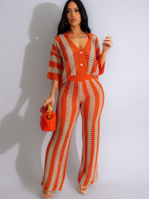 Orange V-Neck Hollow Striped Lapel Knitted Wide Pants Two-Piece Set