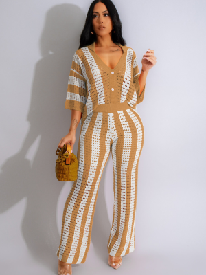 Khaki V-Neck Hollow Striped Lapel Knitted Wide Pants Two-Piece Set