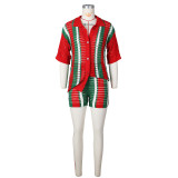Red Hollow See-Through Contrasting Lapel Knitted Shorts Two-Piece Set