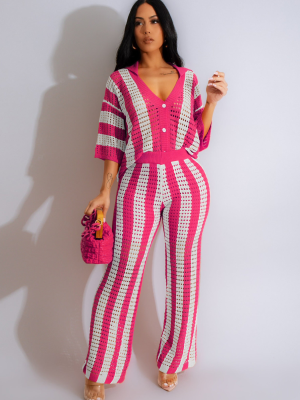 Rose Red V-Neck Hollow Striped Lapel Knitted Wide Pants Two-Piece Set
