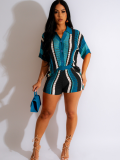 Blue Hollow See-Through Contrasting Lapel Knitted Shorts Two-Piece Set