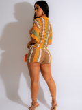Orange Hollow See-Through Contrasting Lapel Knitted Shorts Two-Piece Set