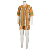 Orange Hollow See-Through Contrasting Lapel Knitted Shorts Two-Piece Set