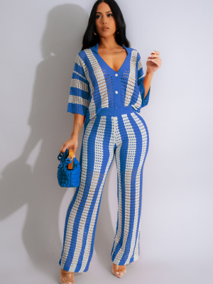 Blue V-Neck Hollow Striped Lapel Knitted Wide Pants Two-Piece Set