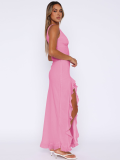 Pink Sexy Backless Ruffled Slit Dress