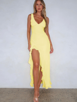Yellow Sexy Backless Ruffled Slit Dress