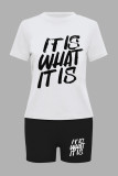 White Fashionable Round Neck Letter Print Two Piece Set