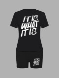Black Fashionable Round Neck Letter Print Two Piece Set