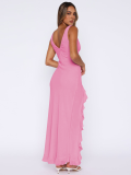 Pink Sexy Backless Ruffled Slit Dress