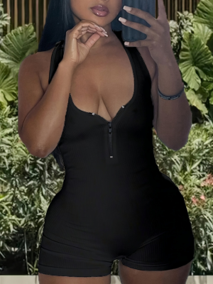 Black Solid Color Backless Zippered High Waist Jumpsuit