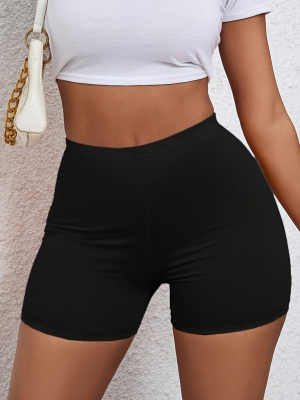 Black Solid Color Mid-Rise Skinny Shorts