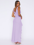 Purple Sexy Backless Ruffled Slit Dress