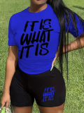Blue Fashionable Round Neck Letter Print Two Piece Set