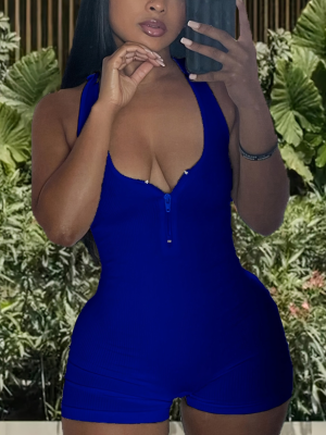 Blue Solid Color Backless Zippered High Waist Jumpsuit