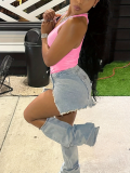 Pink Solid Color Backless Zippered High Waist Jumpsuit