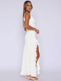 White Sexy Backless Ruffled Slit Dress