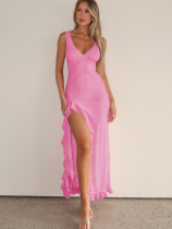 Pink Sexy Backless Ruffled Slit Dress