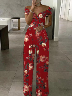 Fashionable One-shoulder Printed High-waisted Jumpsuit