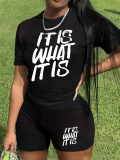 Black Fashionable Round Neck Letter Print Two Piece Set