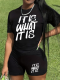 Black Fashionable Round Neck Letter Print Two Piece Set