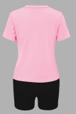 Pink Fashionable Round Neck Letter Print Two Piece Set
