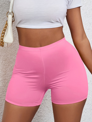 Pink Solid Color Mid-Rise Skinny Shorts