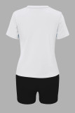 White Fashionable Round Neck Letter Print Two Piece Set