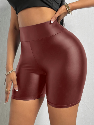 Wine Red Solid Color Large Size Waist Tight Bag Hip Shorts