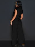 Black Fashionable Solid Color Sleeveless V-Neck Wide-Leg Jumpsuit