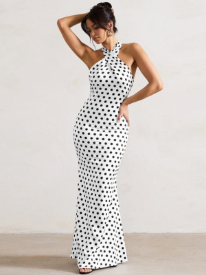 Stylish Satin Polka Dot Halter Neck Halter Dress