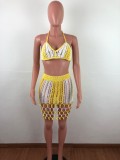 Yellow Fashionable Color Block Woven Beach Skirt Suit