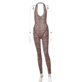 Sexy Leopard Print V-neck Backless Slim Fit Jumpsuit