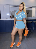 Blue Zippered Hooded Short-Sleeved Shorts Printed Two-Piece Set
