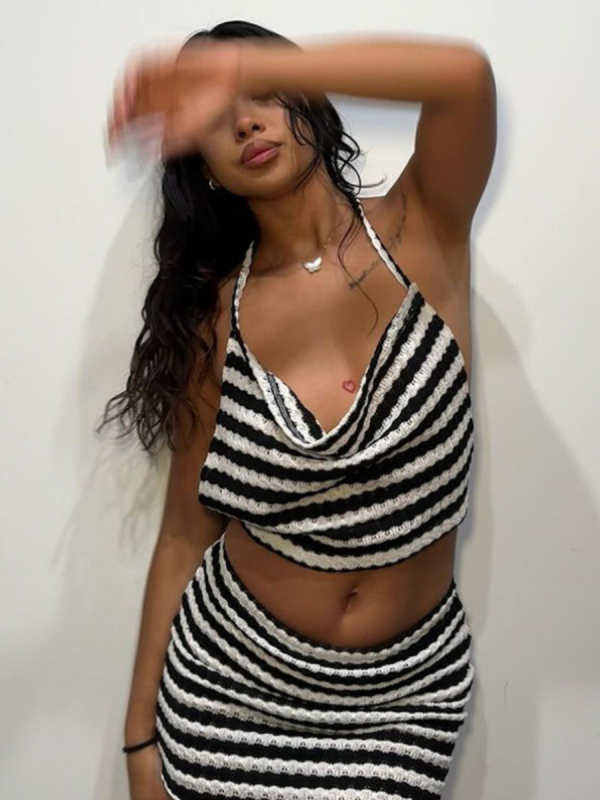Sexy Halterneck Backless Fashion Striped Bag Hip Skirt Two-Piece Set