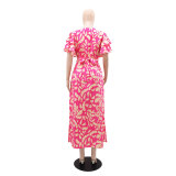 Pink Casual Printed Side Slit Wood Ear Dress