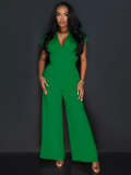 Green Fashionable Solid Color Sleeveless V-Neck Wide-Leg Jumpsuit