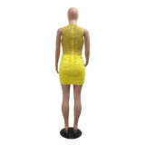 Yellow Fashionable And Sexy Sleeveless Round Neck Irregular Sequined Short Dress