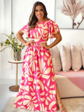 Pink Casual Printed Side Slit Wood Ear Dress