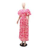 Pink Casual Printed Side Slit Wood Ear Dress