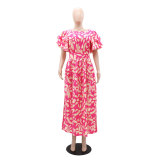 Pink Casual Printed Side Slit Wood Ear Dress
