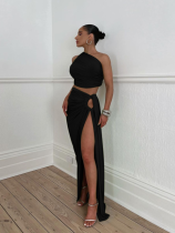 Black Sexy Backless Tube Top and Slim Slit Skirt Suit