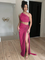 Rose Red Sexy Backless Tube Top and Slim Slit Skirt Suit