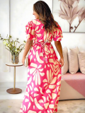 Pink Casual Printed Side Slit Wood Ear Dress